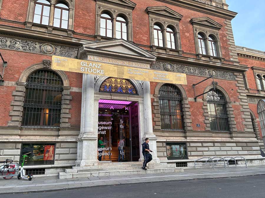 A police officer is pictured outside the Museum of Applied Arts in Vienna on Thursday, Aug. 27, 2026, following the theft of a $4 million necklace.