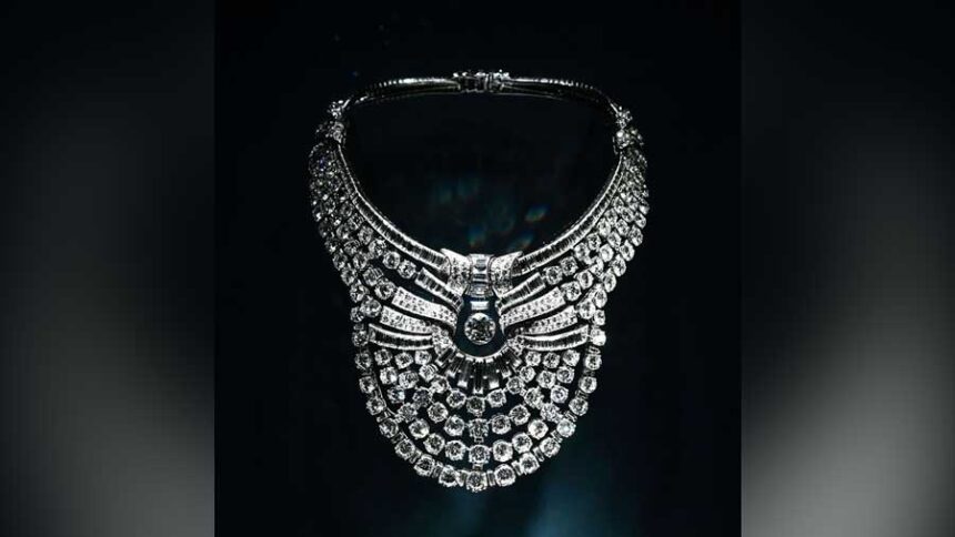 Featuring 673 diamonds, the stolen necklace, pictured here in Paris in 2020, belonged to Queen Nazli of Egypt.