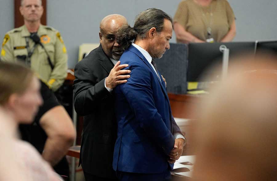 Duane Davis and defense attorney Michael Sanft stand in court during Davis' trial for the 1996 murder of famed rapper Tupac Shakur, on Tuesday, Aug. 25, 2026, at Clark County District Court Regional Justice Center in Las Vegas.