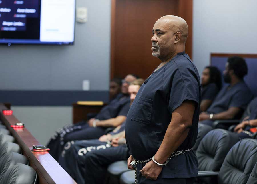 Duane "Keffe D" Davis appears in Clark County District Court during a motion hearing for his upcoming trial in Las Vegas, on Aug. 4, 2026.