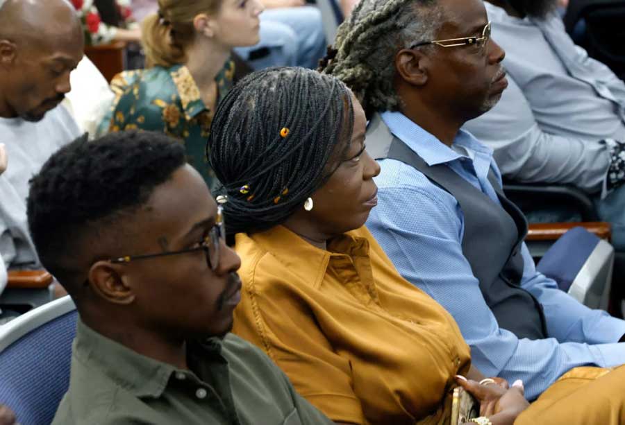 Family members of rapper Tupac Shakur, including his sister Sekyiwa Shakur (center), attend the murder trial of Duane Davis in Las Vegas on Wednesday, Aug. 21, 2026.