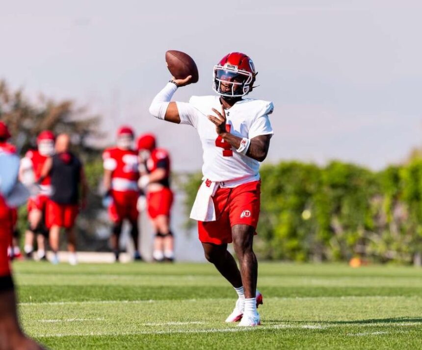 Utah quarterback Devon Dampier attempts a pass at practice at the Spence and Cleone Eccles Football Facility in Salt Lake City on Aug. 3, 2026. (Photo: Davis Kuhn, Utah Athletics)