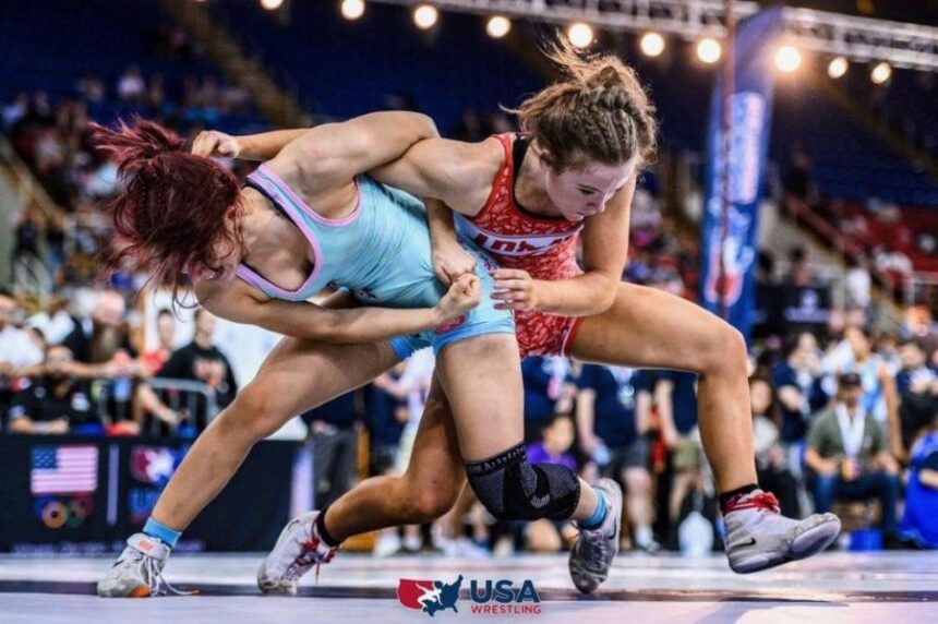 Team Idaho's Kinzie Williams celebrates a win a Fargo. | USA wrestling via Kinzie Williams.