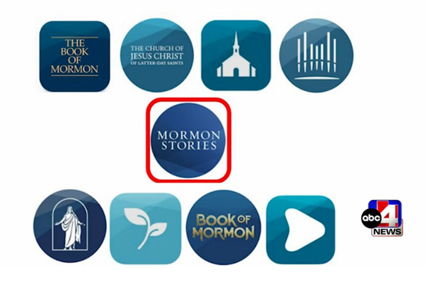 Shown here is the 'Mormon Stories' logo, center and outlined in red, compared to logos used by The Church of Jesus Christ of Latter-day Saints | ABC4