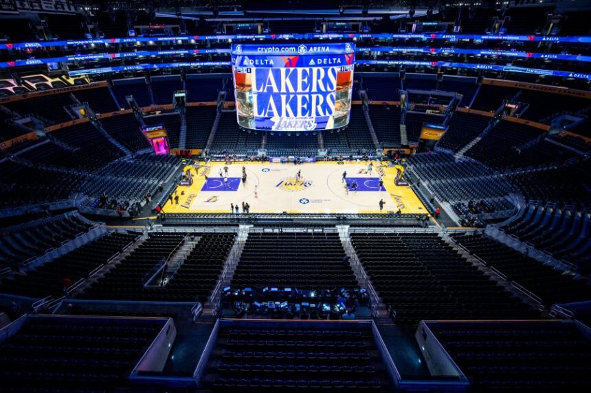 FILE - Crypto Arena is viewed before a Los Angeles Lakers NBA basketball game against the Memphis Grizzlies, Jan. 4, 2026, in Los Angeles. (AP Photo/Ethan Swope, File)