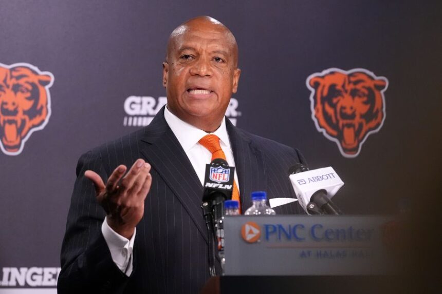 Chicago Bears President and CEO Kevin Warren addresses the team's ongoing stadium plans during a news conference Thursday, Aug. 13, 2026, in Lake Forest, Ill. (AP Photo/Nam Y. Huh)