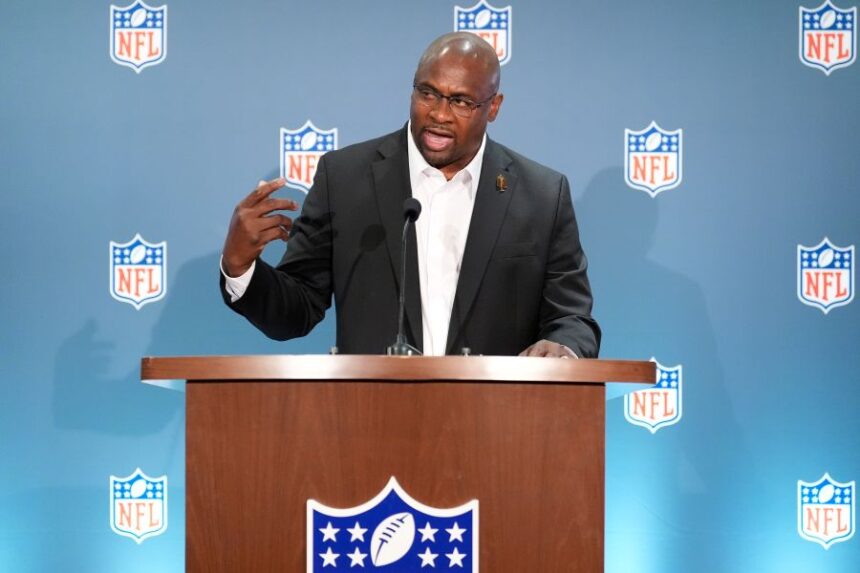 Troy Vincent speaks during a news conference at an NFL football owners meeting on Wednesday, Aug. 26, 2026, in Atlanta. (AP Photo/Brynn Anderson)