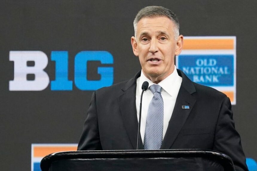 FILE - Big Ten Conference Commissioner Tony Petitti speaks during an news conference at the Big Ten Conference NCAA college football media days at Lucas Oil Stadium, July 26, 2023, in Indianapolis. (AP Photo/Darron Cummings, File)