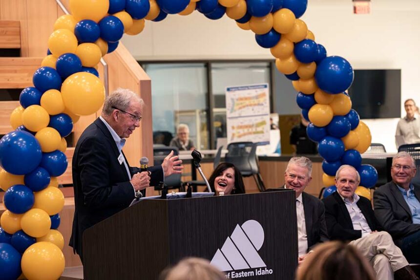 Park Price, inaugural chairman of the College of Eastern Idaho board, addressing a crowd at the ribbon-cutting for the Battelle Energy Alliance Future Tech Building in partnership with Frontier Credit Union earlier this month. | Courtesy CEI