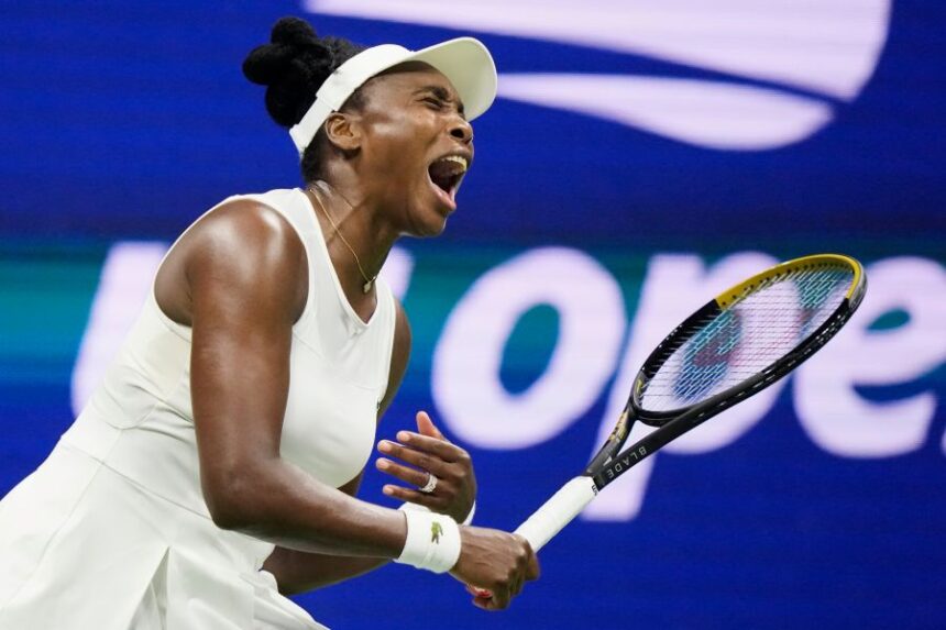 Venus Williams, of the United States, reacts during her first round match against compatriot Sofia Kenin at the U.S. Open tennis championships, Monday, Aug. 31, 2026, in New York. (AP Photo/Frank Franklin II)