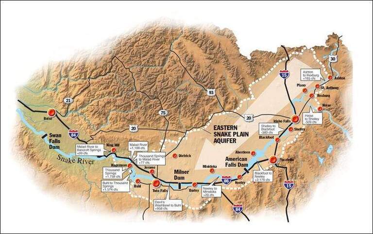 The Eastern Snake River Plain Aquifer, in orange, and the Snake River, in blue. The river flow readings are several years old, from when the graphic was created. | Idaho Statesman