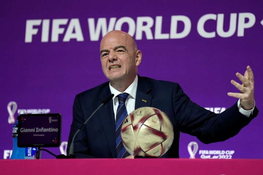 FILE - FIFA President Gianni Infantino gestures as he meets the media at the FIFA World Cup closing press conference in Doha, Qatar, Friday, Dec. 16, 2022. (AP Photo/Martin Meissner, File)