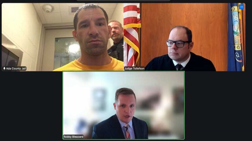 Ross Wardlaw, top right, appears in an online hearing after being charged with first-degree murder for killing a man on the Boise Greenbelt in July 2026.