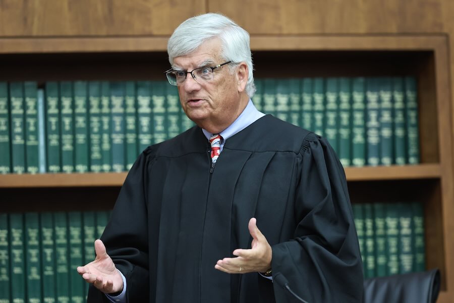 Judge William Sullivan asks the jury in Lindsay Clancy's triple-murder trial to continue deliberations on Tuesday, Sept. 1, 2026, after they sent a note to inform him they could reach a unanimous verdict. The trial is taking place at the Plymouth Superior Court in Plymouth, Mass.