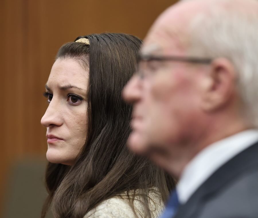 Lindsay Clancy looks at the jurors seated in the courtroom as they inform Judge William Sullivan that they cannot reach a verdict, on Tuesday, Sept. 1, 2026, at Plymouth Superior Court in Plymouth, Mass.