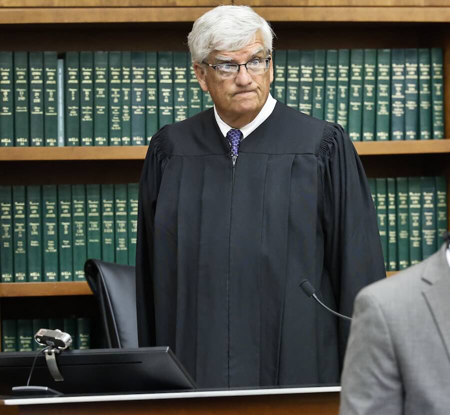 Judge William Sullivan looks over the courtroom at the start of the session on Thursday, Sept. 3, 2026, Day 6 of deliberations in Lindsay Clancy's triple-murder trial, at Plymouth Superior Court in Plymouth, Mass.