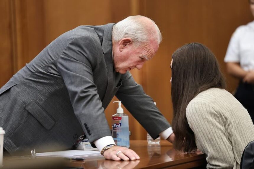 Defense attorney Kevin Reddington talks with his client Lindsay Clancy after a jury question on Thursday, Sept. 3, 2026, Day 6 of deliberations in Clancy's triple-murder trial, at the Plymouth Superior Court in Plymouth, Mass.