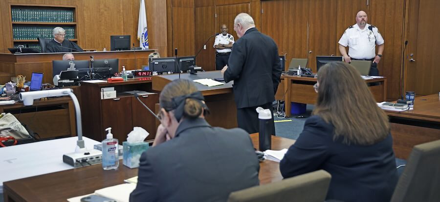 Defense attorney Kevin Reddington makes an argument to remove one juror, who seems not to be applying the law to the case, from deliberations in Lindsay Clancy's triple-murder trial, Friday, Sept. 4, 2026, at the Plymouth Superior Court in Plymouth, Mass.