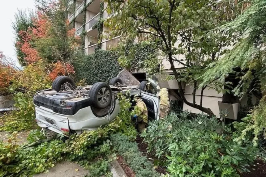 A car fell three floors from the Coeur d’Alene Resort parking garage, causing minor injuries to the two occupants of the car. (Courtesy of Coeur d'Alene Fire Department Facebook page)