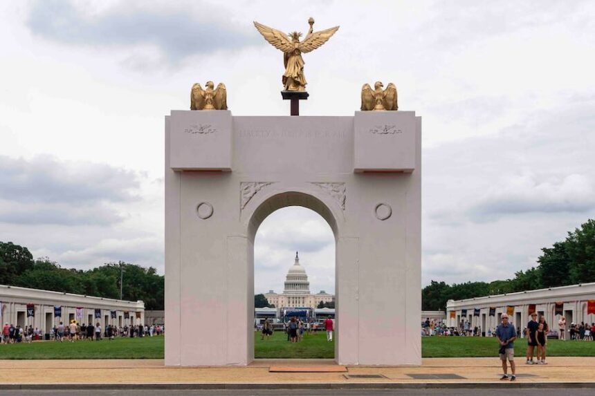 FILE - A mockup of President Donald Trump's proposed triumphal arch stands at the Great American State Fair on the National Mall, June 27, 2026, in Washington.