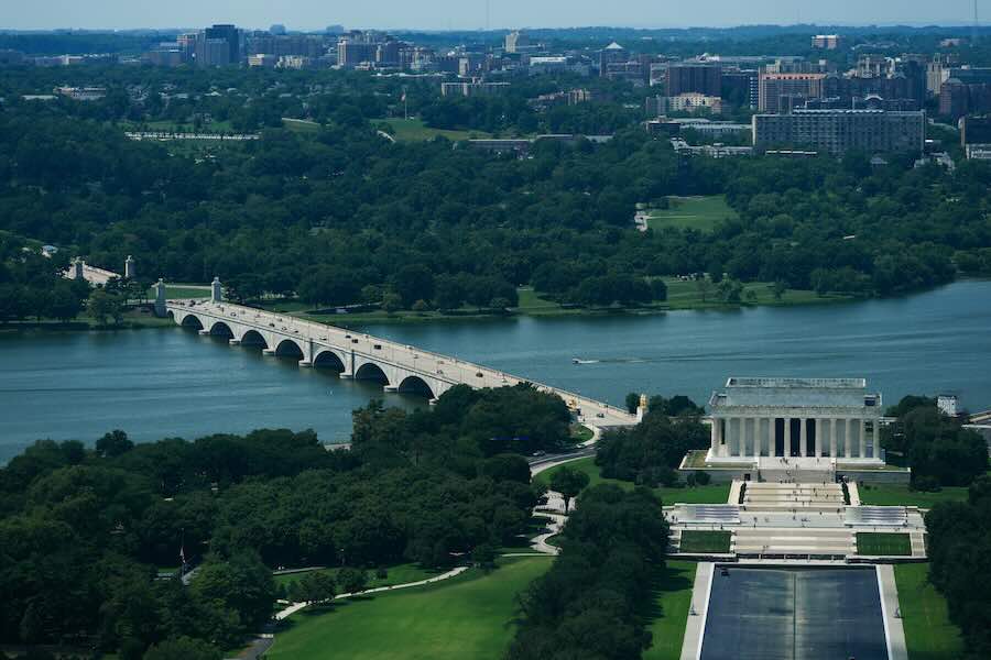FILE - Memorial Circle, where President Donald Trump has proposed building an arch to commemorate the United States' 250th anniversary, the Arlington Memorial Bridge and the Lincoln Memorial, are seen from the Washington Monument, Aug. 17, 2026, in Washington.