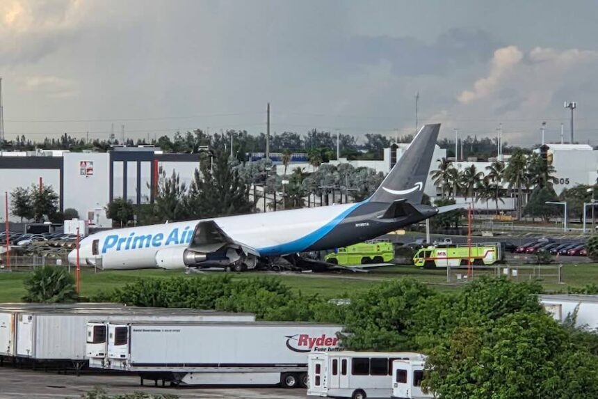 An Amazon cargo plane sits at the Miami International Airport (MIA) after it overshot the runway, Sunday, Sept. 6, 2026.