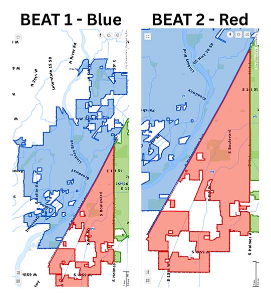 Beat 1 includes the area West of S Yellowstone Avenue within the City limits. Beat 2 includes the area East of S Yellowstone up to Holmes Avenue within the City limits. | Courtesy Idaho Falls Police Department