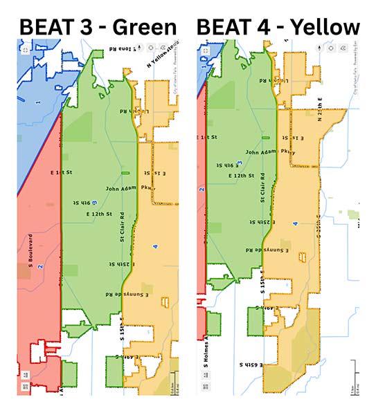 Beat 3 includes the area between S Holmes Avenue and S Woodruff Avenue. Note on the North end of the section, the area West of S Yellowstone is in Beat 1, not in Beat 3. Beat 4 includes the area East of S Woodruff Avenue within the Idaho Falls City limits. | Courtesy IFPD