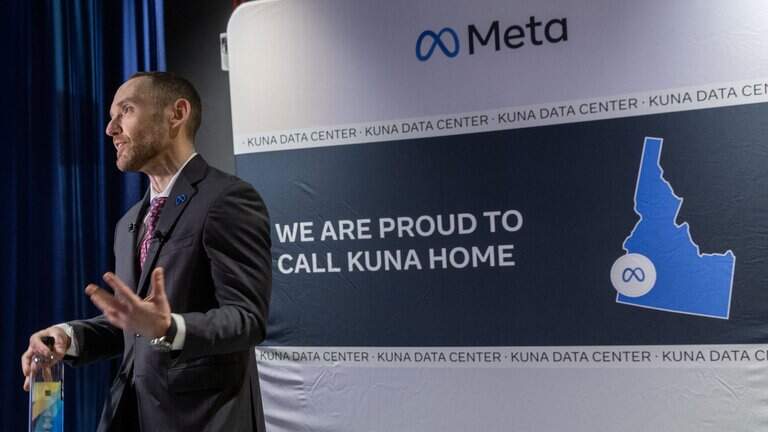 Brad Davis, Director of Global Economic Development for Meta, takes questions from the media following an official opening celebration at the Kuna Data Center at the corner of Kuna-Mora and S. Cole roads, Thursday, Sept. 3, 2026.