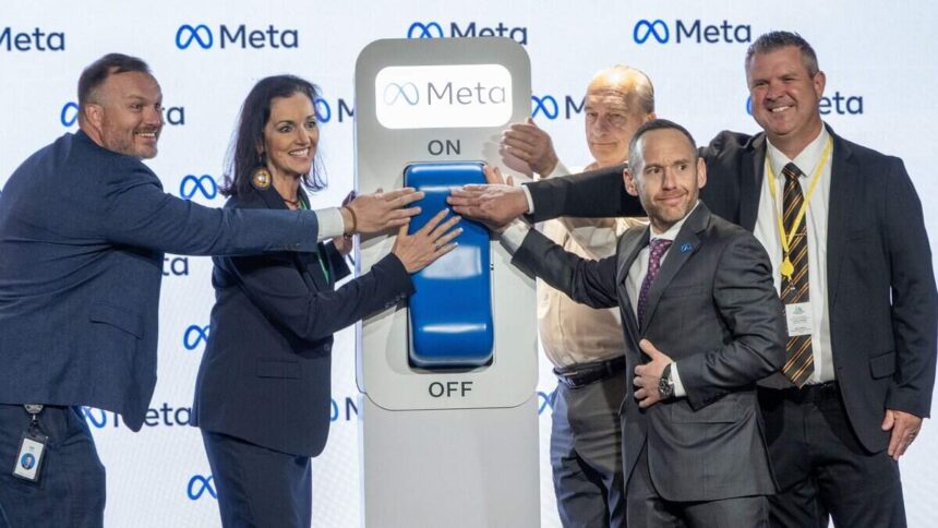 With a flip of a ceremonial power switch, Meta's Kuna Data Center officially began operation Thursday. Pictured left to right: Chris Mickey, community engagement manager (Meta); Diane Temple, president & CEO of the Idaho Technology Council; Kuna Mayor Joe Stear (back); Brad Davis, director of global economic development (Meta); and Marcus Myers, Kuna School District superintendent. | Darin Oswald, Idaho Statesman