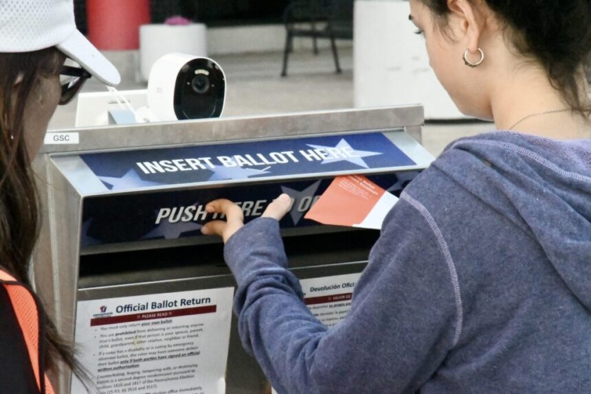A voter deposits a mail-in ballot at the drop box outside the Chester County Government Center in Pennsylvania on Tuesday, Nov. 5, 2024. | Peter Hall, Pennsylvania Capital-Star