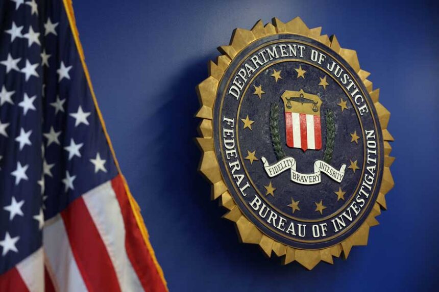 The logo of the Federal Bureau of Investigation is seen at the Los Angeles Federal Building on June 4, 2025.