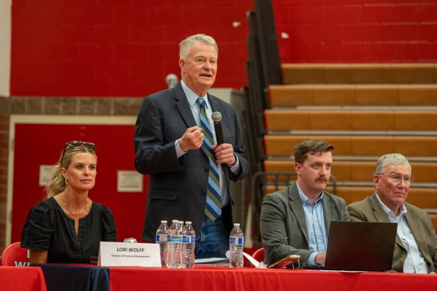 Idaho Gov. Brad Little (center) hosts his 31st Capital for a Day event in the Magic Valley city of Filer on April 30, 2026. | Andrew Eakin, Idaho Capital Sun