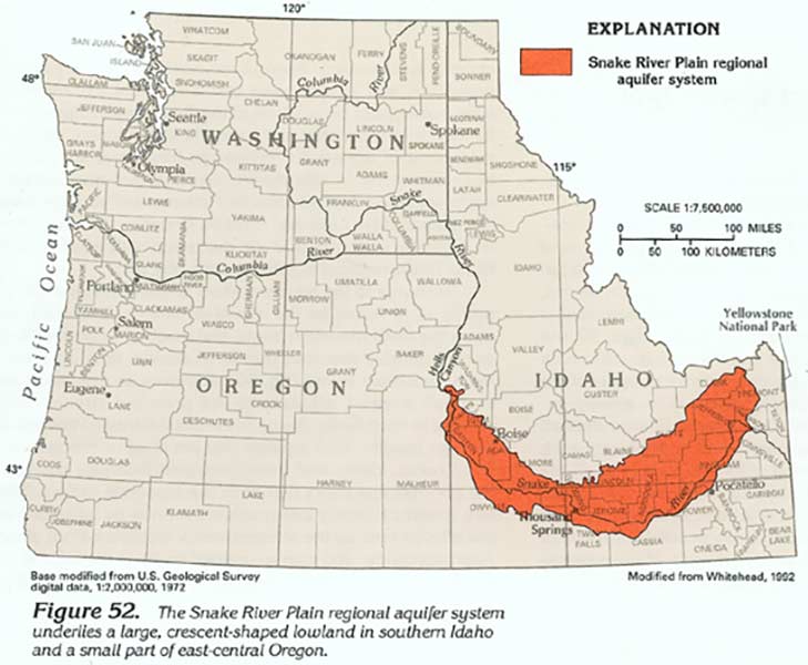 The Eastern Snake Plain Aquifer is outlined in orange of this map of Washington, Oregon and Idaho. (Map courtesy of the U.S. Geological Survey)