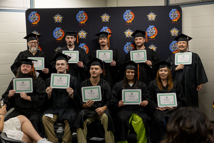 (Top row from left to right) Brian Moore, Kole Abegglen, Nicholas Norby, Sergio Elizondo and Jeffery Sanchez. (Bottom row from left to right) Joshua Spence, Christian Rourick, Jermy Clark, Maria Carrillo and Felicia Minjares. These 10 inmates graduated on Thursday with their GED diplomas. | Daniel V. Ramirez, EastIdahoNews.com