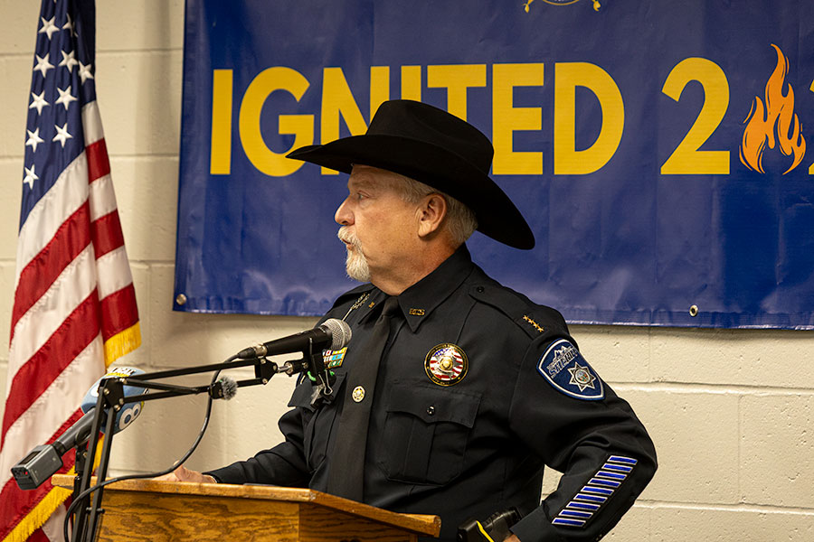 Bonneville County Sheriff Sam Hulse talking during Thursday gradition, celebrating 100 inmates obtaining their GED diplomas. | Daniel V. Ramirez, EastIdahoNews.com