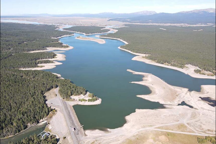 Drone photo of Island Park Reservoir taken the week of Sept. 14. Rob Van Kirk with the Henrys Fork Foundation in Ashton says eastern Idaho reservoirs are the lowest they've ever been and he's projecting additional cutback in water usage. | Courtesy Rob Van Kirk