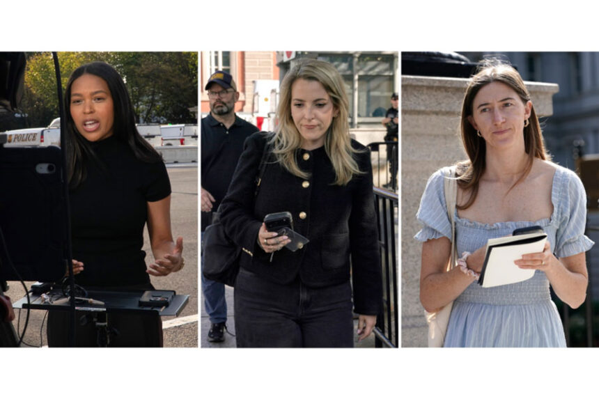 This combination of photos shows MS NOW White House reporter Akayla Gardne, from left, CNN Senior White House Reporter Betsy Klein and Politico White House reporter Cheyenne Haslett near the White House complex after all were denied entry to the White House and had credentials confiscated following President Donald Trump's ban on CNN, MS NOW and Politico, Saturday, Sept. 19, 2026, in Washington. | Jose Luis Magana, Associated Press