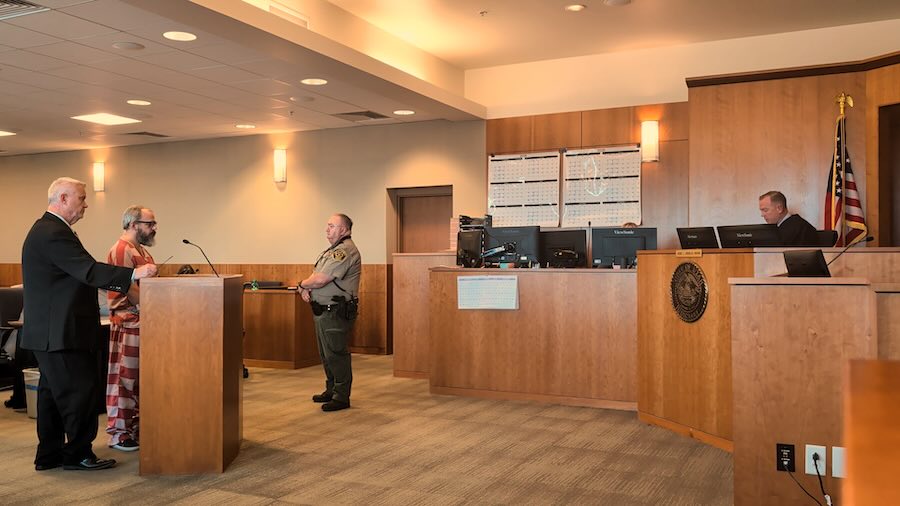 Timothy West, 39, appears in court for sentencing in his latest arson case on Monday, Aug. 31, 2026, at Tooele County Justice Court in Tooele, Utah.