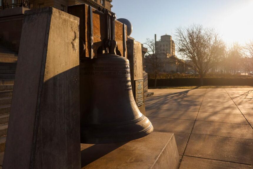 A replica of the Liberty Bell sits outside of the Idaho Statehouse, as seen on Jan. 14, 2026, in Boise. | Pat Sutphin, Idaho Capital Sun
