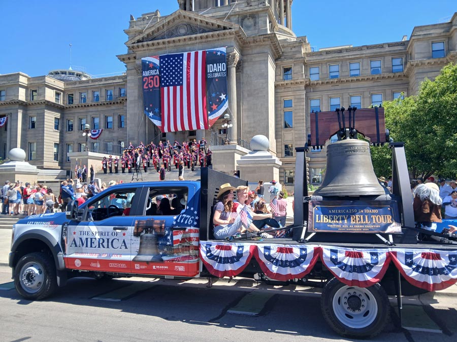 Idaho’s replica of the Liberty Bell, moved from its typical home, sits on the back of a Ford F-450 flatbed truck. (Photo courtesy of the Idaho State Treasurer’s Office)
