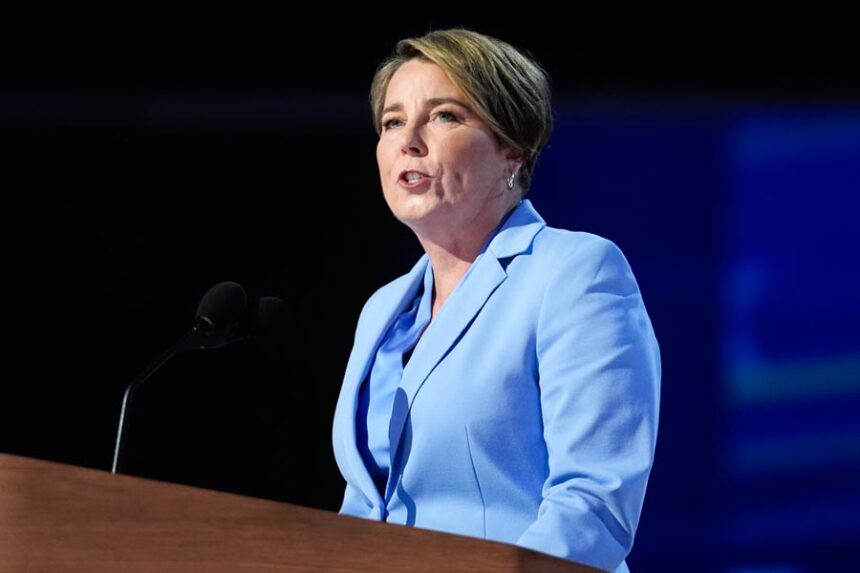 Massachusetts Gov. Maura Healey speaks at the 2024 Democratic National Convention on Aug. 22, 2024, in Chicago. | Paul Sancya, Associated Press