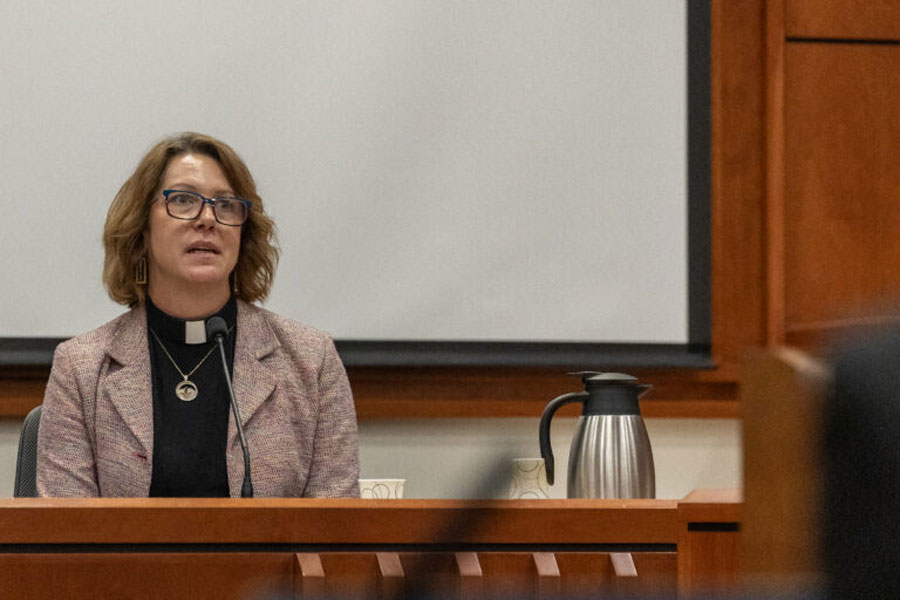 The Rev. Sara LaWall takes the stand to testify in her misdemeanor trespassing trial on Sept. 1, 2026. (Photo by Kyle Pfannenstiel/Idaho Capital Sun)