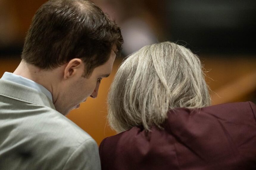 Tyler Robinson, left, charged in the fatal shooting of Charlie Kirk, speaks with defense attorney Staci Visser as he attends a preliminary hearing in 4th District Court in Provo, Utah, Tuesday, Sept. 1, 2026. | Francisco Kjolseth, The Salt Lake Tribune via Associated Press