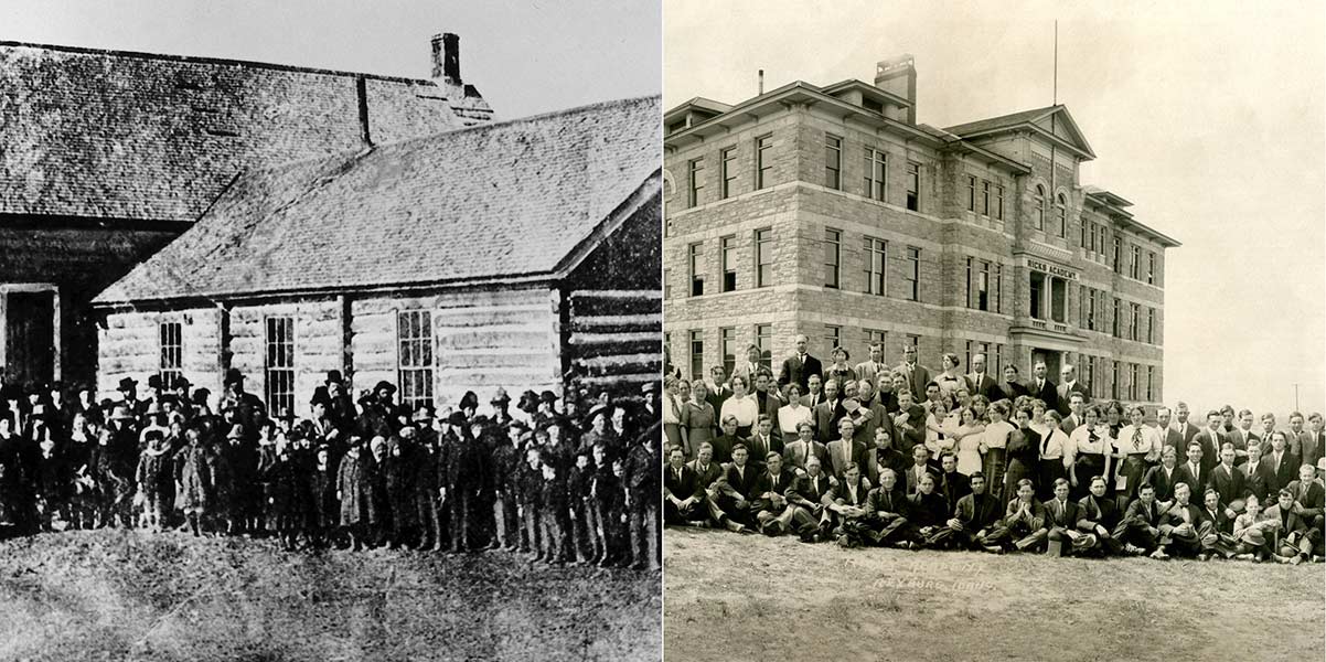 Left: Bannock Stake Academy was established in a log schoolhouse in 1888. Right: It became Ricks Academy in 1903, the same year the Spori building was completed. | Courtesy BYU-Idaho