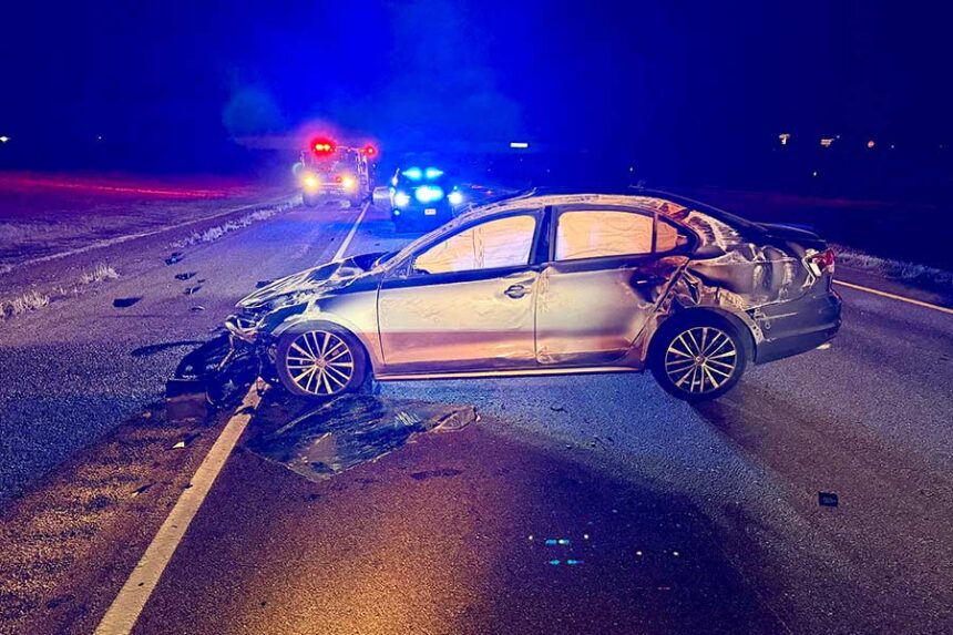 A damaged car from a crash on September 23, 2026.