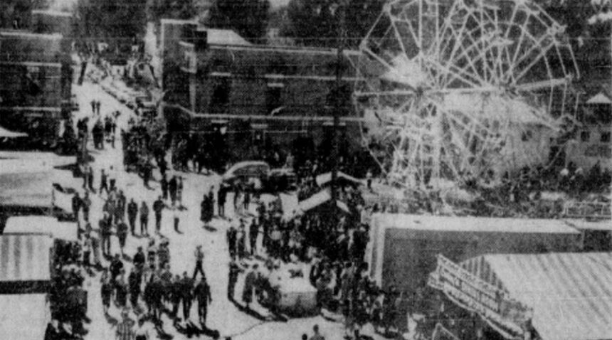 Sightseers were lined up Wednesday morning when the Eastern Idaho fair gates opened for the second day. The (fair) took on the appearance of a Grand Central station Tuesday as children and their parents sized up the carnival rides and concessions and visited the thousands of exhibits in nearby buildings. The ferris wheel was well filled with thrill seekers as the Post Register staff photographer paused to shoot a picture of the opening day crowd above. Caption dated Sept. 12, 1951.