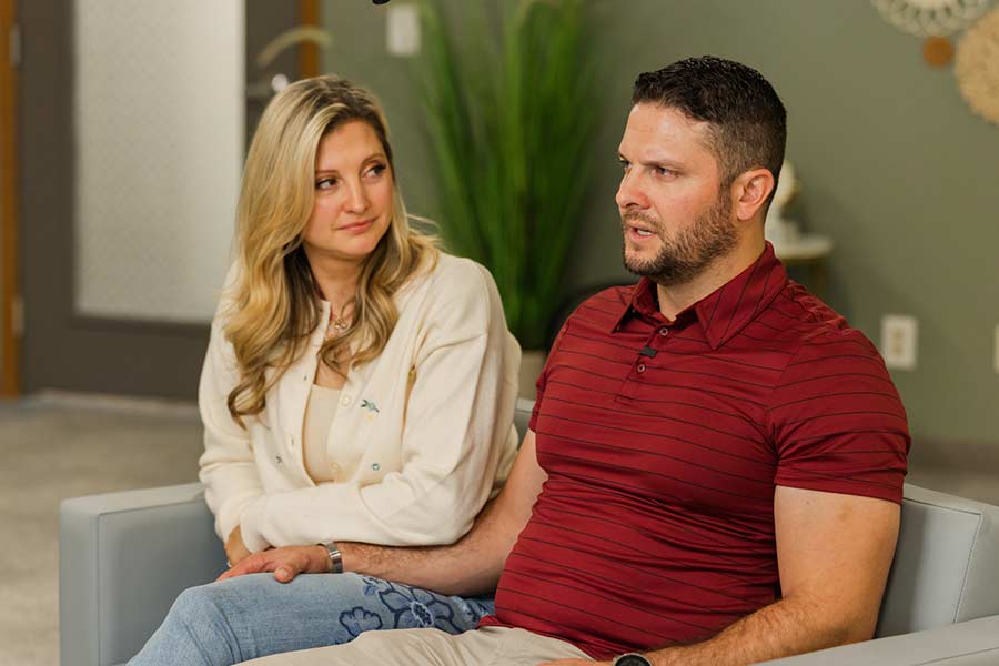 Bridger Frampton (right) and his wife, Lindsey, of the Grand Blanc Ward speak about how they have found hope and healing on Monday, September 28, 2026 — exactly one year after the attack that killed four people, wounded eight others and destroyed their congregation's church building. | The Church of Jesus Christ of Latter-day Saints