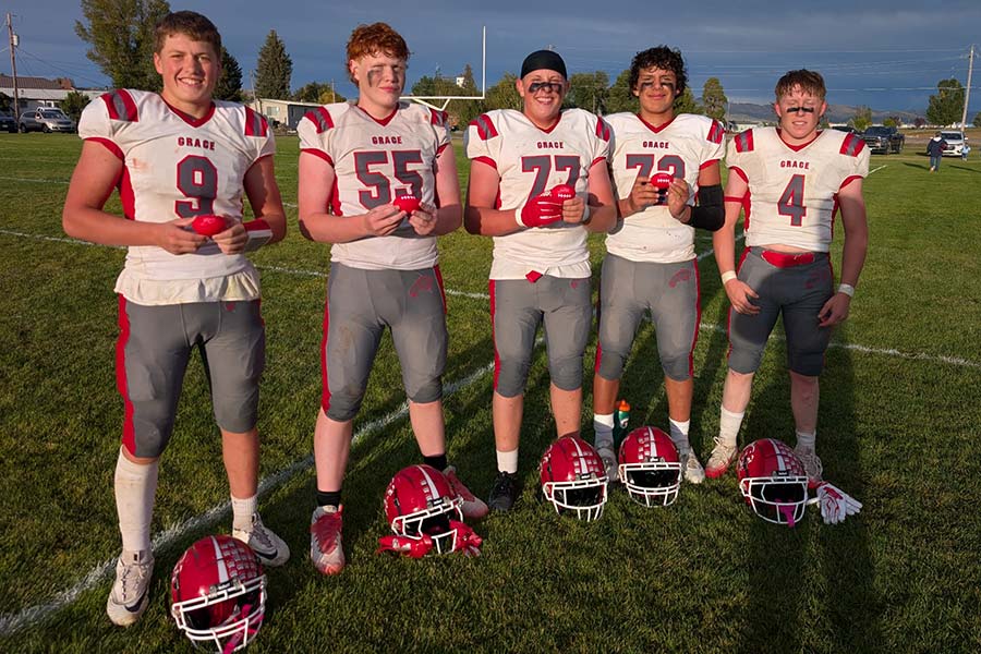 Grace football (from left): Luke Moss, Talyn Boyd, Landry Crane, Kai Medina, Tate Stoddard