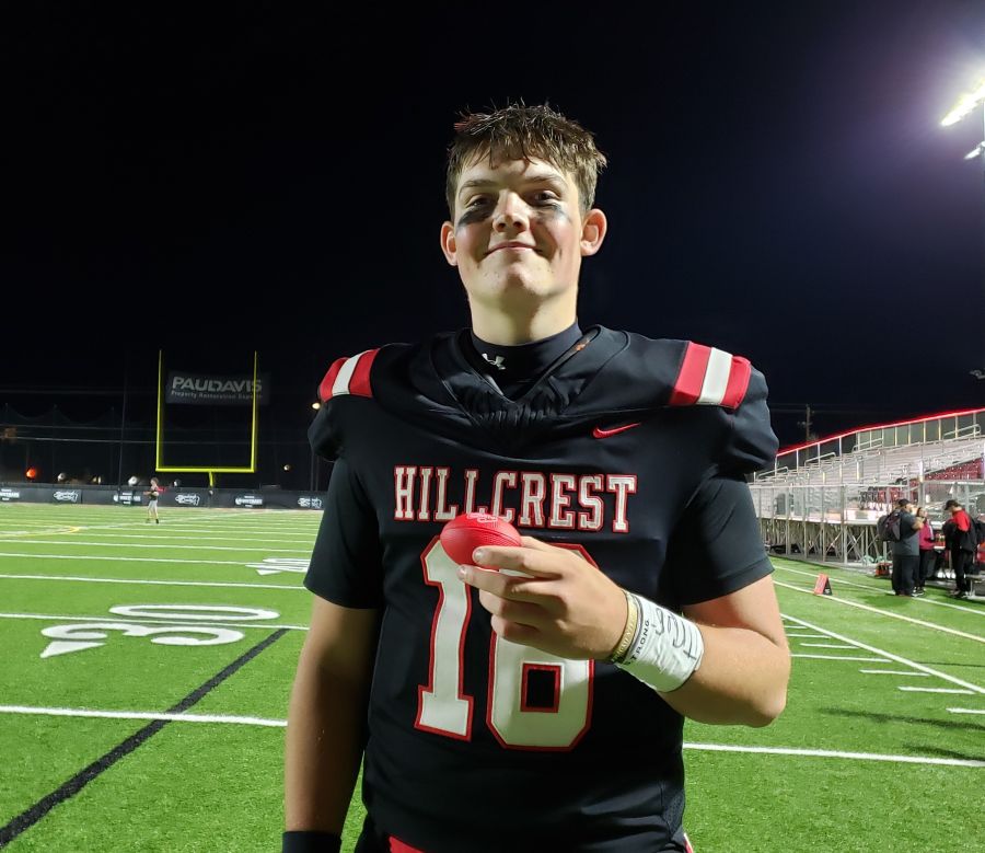 Hillcrest quarterback Logan Taylor earned the coveted East Idaho Sports game ball after tossing three TD passes in Friday's win over Century. | Allan Steele, EastIdahoSports.com.